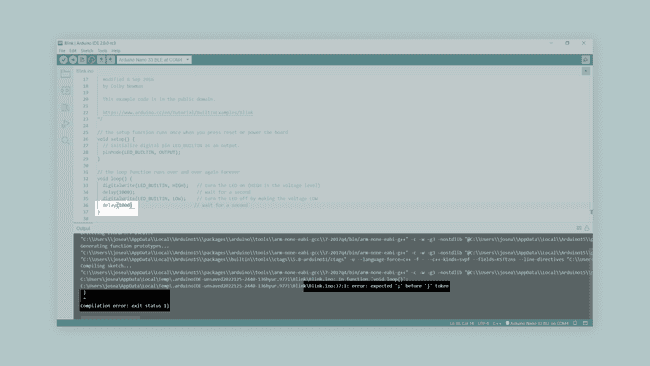 The Arduino IDE 2 compiler showing a syntax error in a sketch.