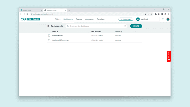 Arduino Cloud Dashboards page