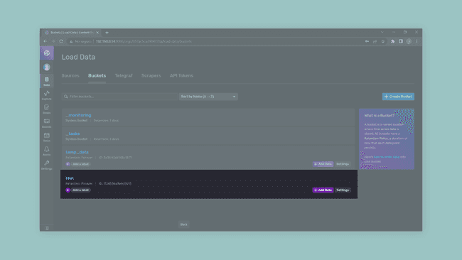 Test bucket in the load data page of the InfluxDB desktop.