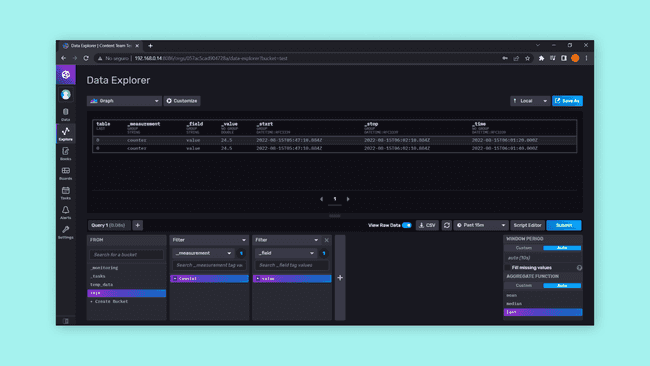 Visualiazing data in a bucket of the Portenta X8 local InfluxDB instance.