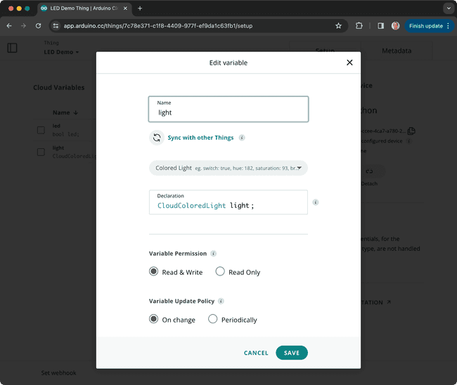 Variable creation in Arduino Cloud