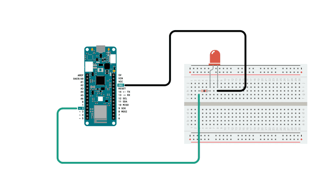 Board circuit with breadboard, LED and resistor.